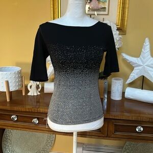 Eligio Women’s Vintage Silver Metallic Sequins Ombré Short Sleeve Black Top M